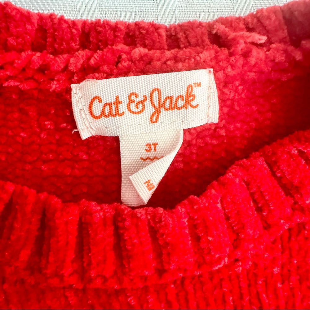 Cat & Jack Girls 3T Red Chenille Ruffle Sleeve Sweater Valentine Cozy Pullover - Picture 2 of 6